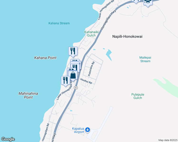 map of restaurants, bars, coffee shops, grocery stores, and more near 55 Poinciana Road in Lahaina