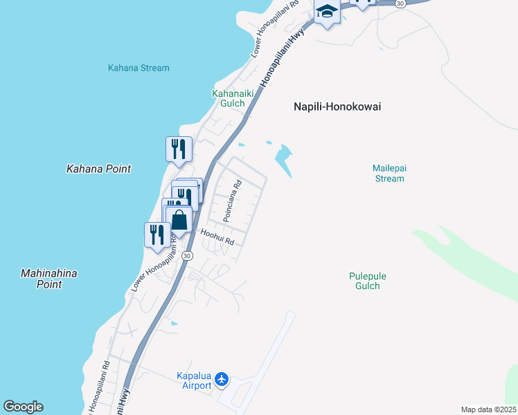 map of restaurants, bars, coffee shops, grocery stores, and more near 92 Kahana Ridge Drive in Lahaina