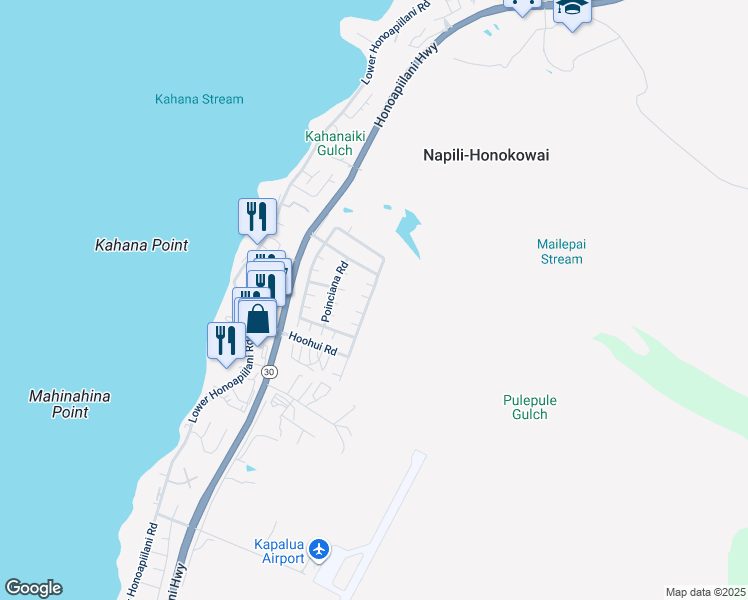 map of restaurants, bars, coffee shops, grocery stores, and more near 92 Kahana Ridge Drive in Lahaina