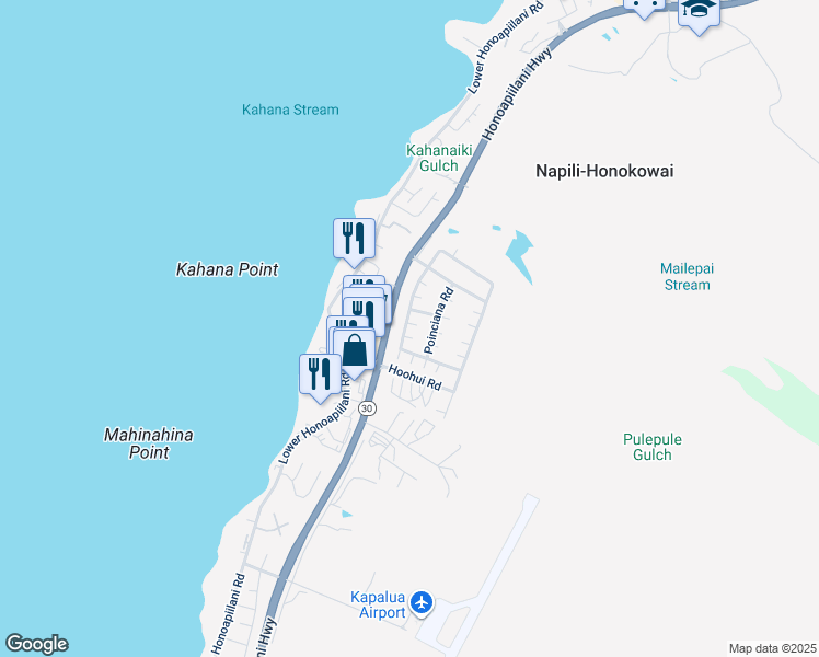map of restaurants, bars, coffee shops, grocery stores, and more near 356 Kahana Ridge Drive in Lahaina