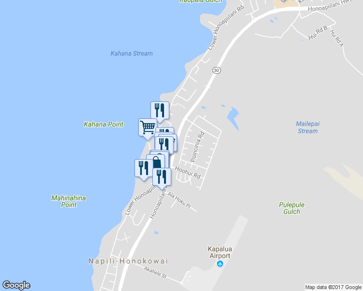 map of restaurants, bars, coffee shops, grocery stores, and more near 338 Kahana Ridge Drive in Lahaina