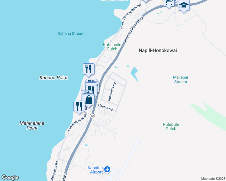 map of restaurants, bars, coffee shops, grocery stores, and more near 55 Poinciana Road in Lahaina
