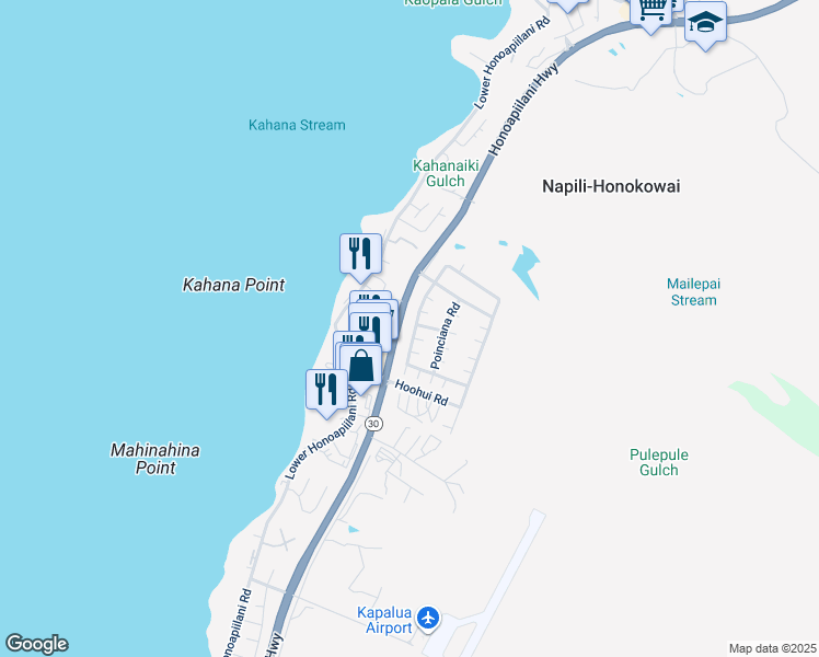 map of restaurants, bars, coffee shops, grocery stores, and more near 338 Kahana Ridge Drive in Lahaina