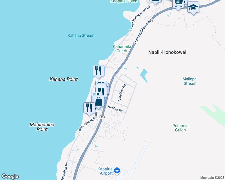map of restaurants, bars, coffee shops, grocery stores, and more near 326 Kahana Ridge Drive in Lahaina