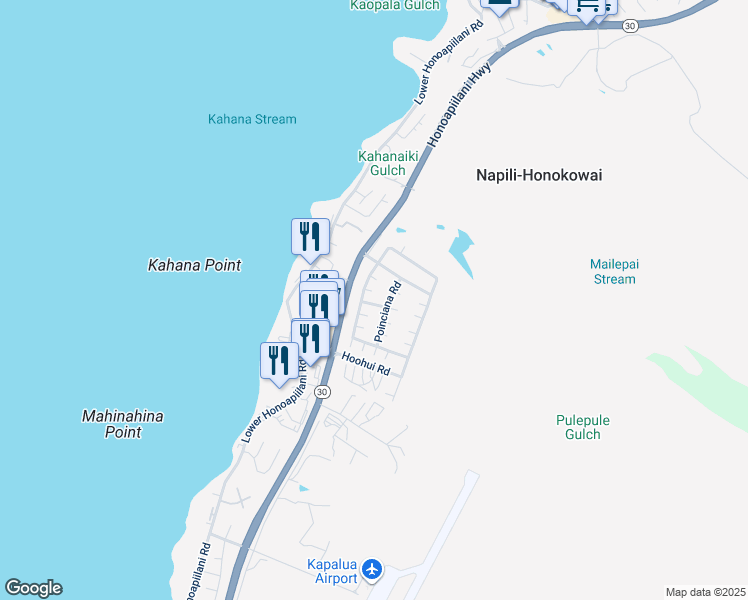 map of restaurants, bars, coffee shops, grocery stores, and more near 55 Poinciana Road in Lahaina
