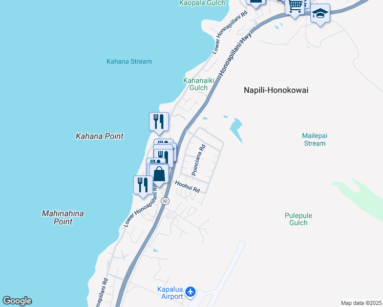 map of restaurants, bars, coffee shops, grocery stores, and more near 55 Poinciana Road in Lahaina