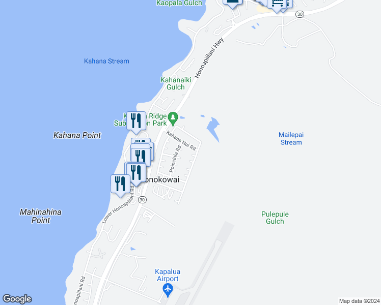 map of restaurants, bars, coffee shops, grocery stores, and more near 146 Kahana Nui Road in Lahaina