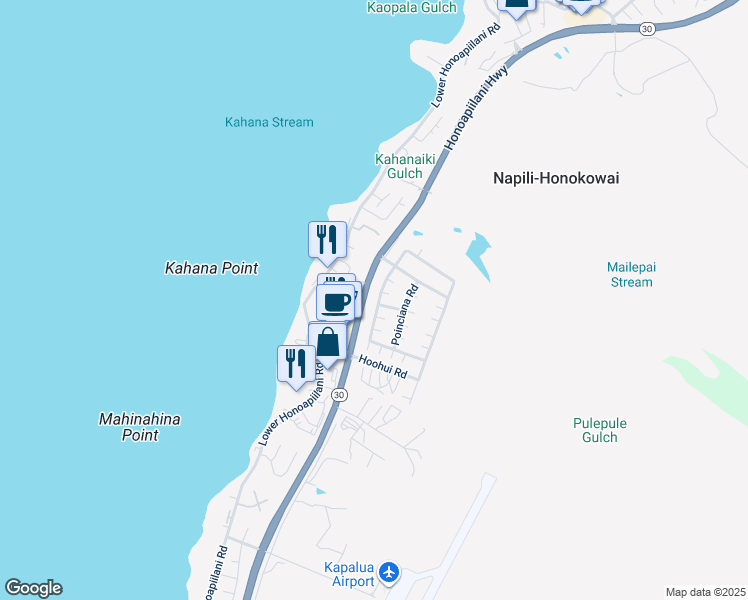 map of restaurants, bars, coffee shops, grocery stores, and more near 326 Kahana Ridge Drive in Lahaina