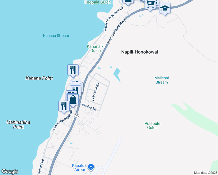 map of restaurants, bars, coffee shops, grocery stores, and more near 128 Kahana Ridge Drive in Lahaina