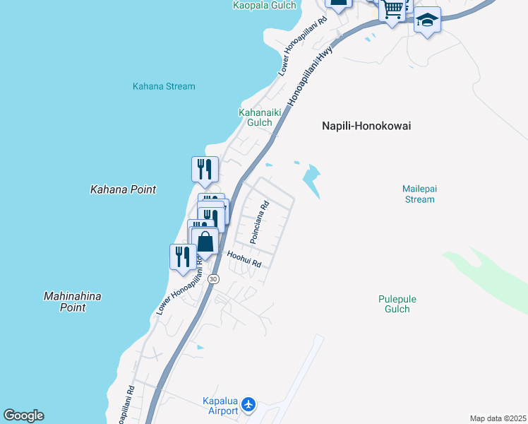 map of restaurants, bars, coffee shops, grocery stores, and more near 55 Poinciana Road in Lahaina