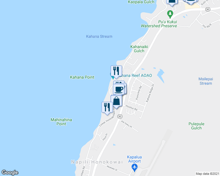 map of restaurants, bars, coffee shops, grocery stores, and more near 4435 Lower Honoapiilani Road in Lahaina
