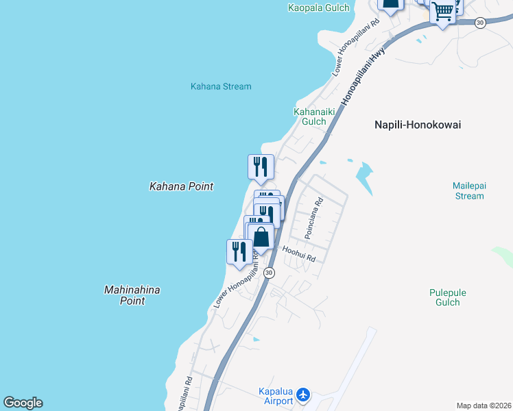 map of restaurants, bars, coffee shops, grocery stores, and more near 4474 Lower Honoapiilani Road in Lahaina