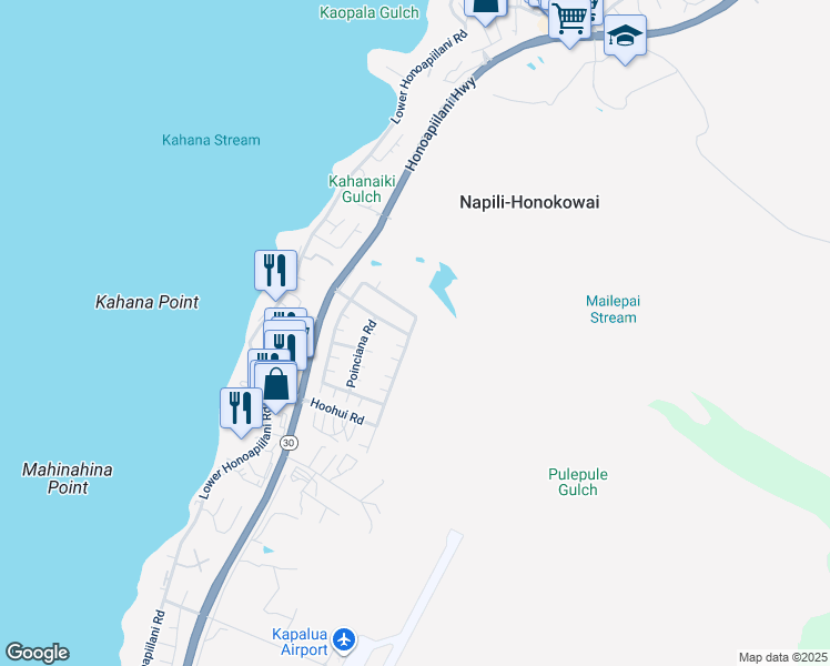 map of restaurants, bars, coffee shops, grocery stores, and more near 140 Kahana Ridge Drive in Lahaina