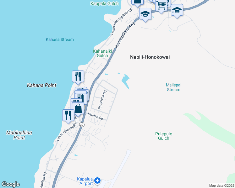 map of restaurants, bars, coffee shops, grocery stores, and more near 136 Kahana Ridge Drive in Lahaina