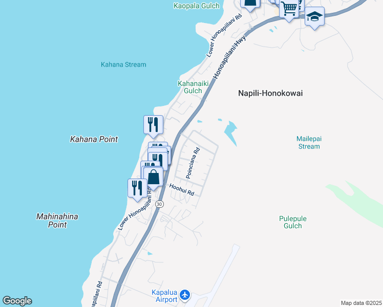 map of restaurants, bars, coffee shops, grocery stores, and more near 84 Kahana Nui Road in Lahaina