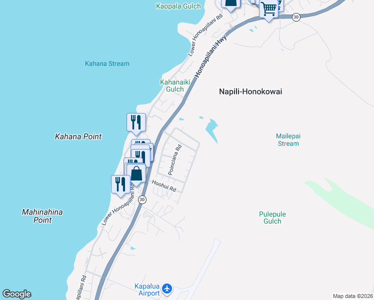 map of restaurants, bars, coffee shops, grocery stores, and more near 132 Kahana Nui Road in Lahaina