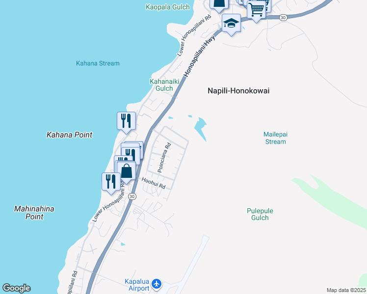 map of restaurants, bars, coffee shops, grocery stores, and more near 123 Kahana Nui Road in Lahaina