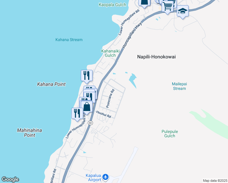 map of restaurants, bars, coffee shops, grocery stores, and more near 123 Kahana Nui Road in Lahaina