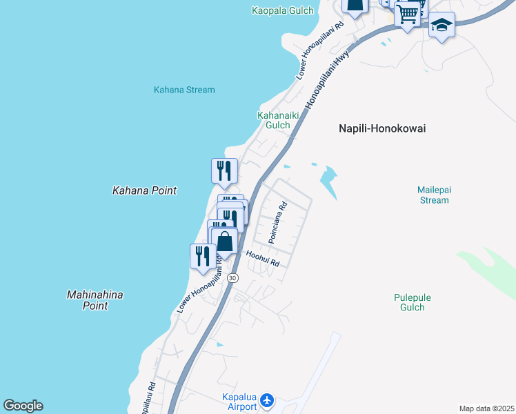 map of restaurants, bars, coffee shops, grocery stores, and more near 308 Kahana Ridge Drive in Lahaina