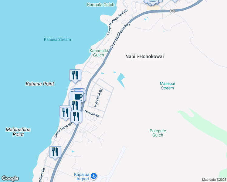 map of restaurants, bars, coffee shops, grocery stores, and more near 140 Kahana Ridge Drive in Lahaina