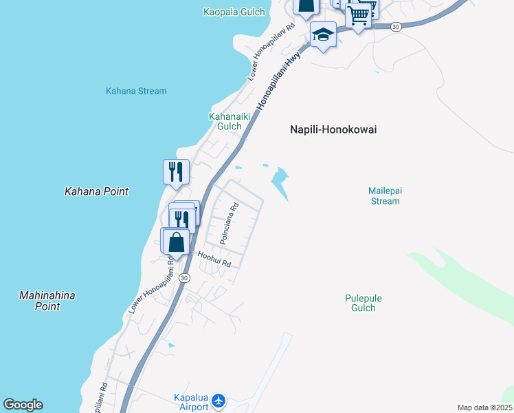 map of restaurants, bars, coffee shops, grocery stores, and more near 143 Kahana Ridge Drive in Lahaina