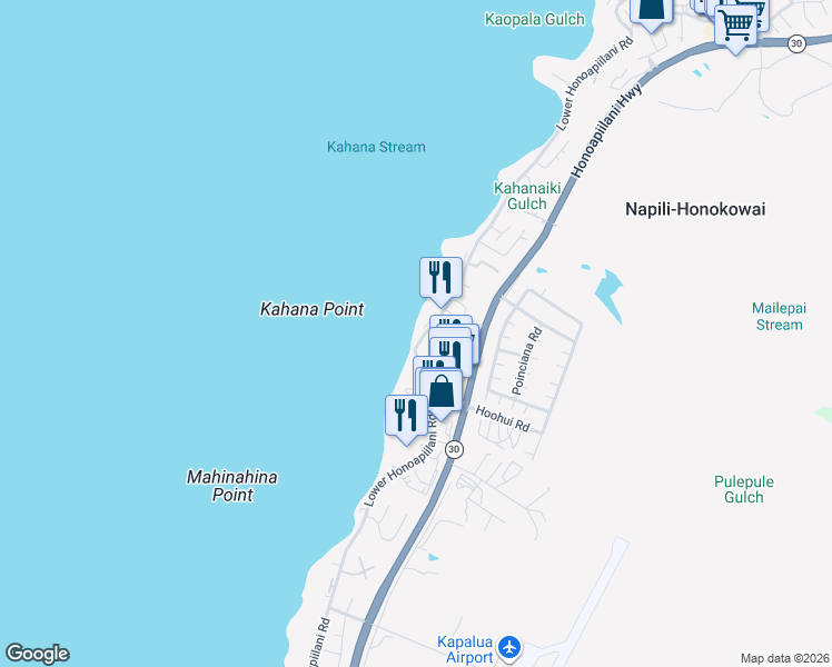 map of restaurants, bars, coffee shops, grocery stores, and more near 4435 Lower Honoapiilani Road in Lahaina