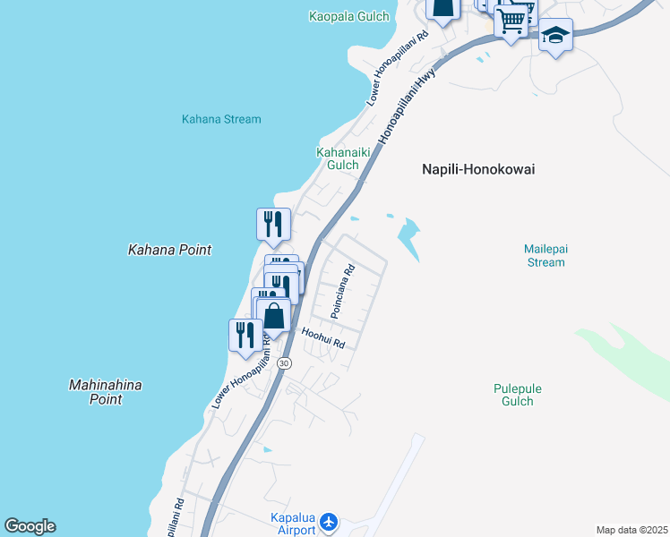 map of restaurants, bars, coffee shops, grocery stores, and more near 84 Kahana Nui Road in Lahaina
