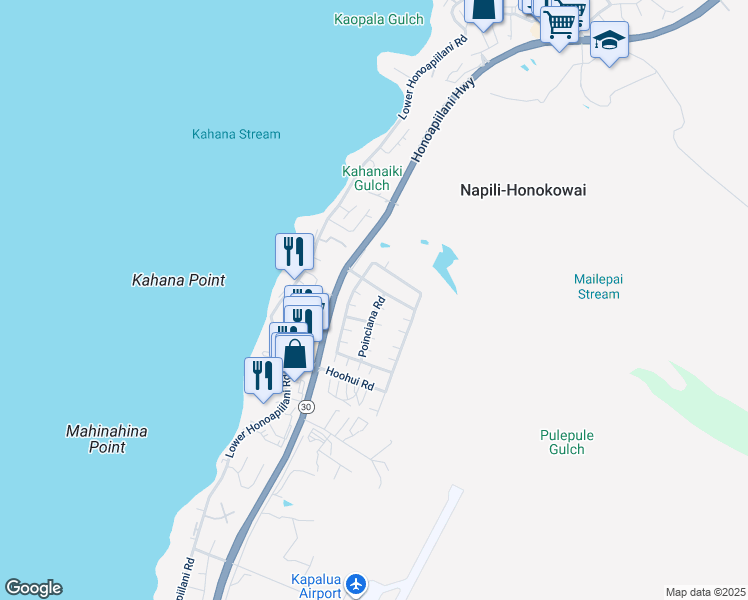 map of restaurants, bars, coffee shops, grocery stores, and more near 84 Kahana Nui Road in Lahaina