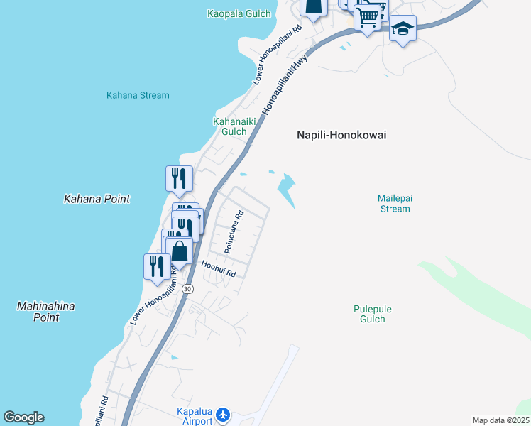 map of restaurants, bars, coffee shops, grocery stores, and more near 171 Kahana Ridge Drive in Lahaina