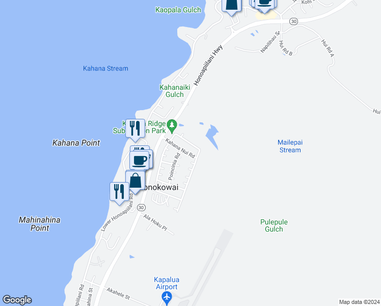 map of restaurants, bars, coffee shops, grocery stores, and more near 129 Kahana Nui Road in Lahaina