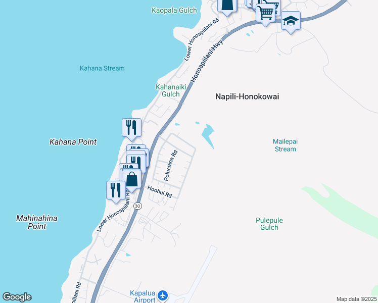 map of restaurants, bars, coffee shops, grocery stores, and more near 135 Kahana Nui Road in Lahaina