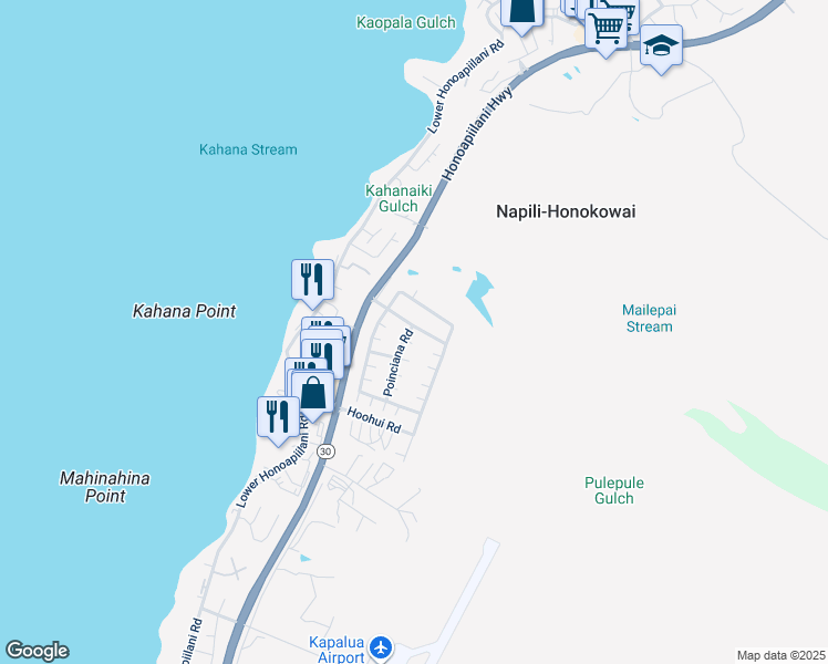 map of restaurants, bars, coffee shops, grocery stores, and more near 114 Kahana Nui Road in Lahaina