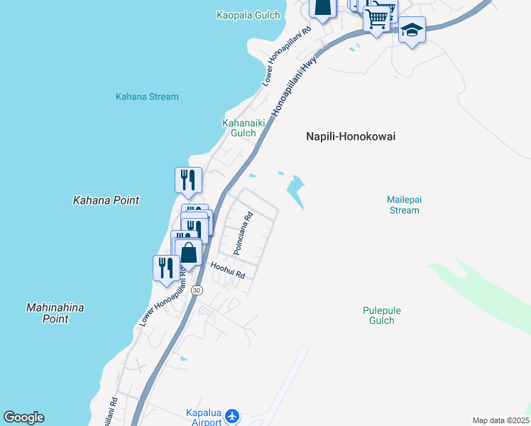 map of restaurants, bars, coffee shops, grocery stores, and more near 135 Kahana Nui Road in Lahaina
