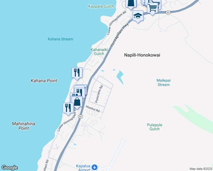 map of restaurants, bars, coffee shops, grocery stores, and more near 123 Kahana Nui Road in Lahaina