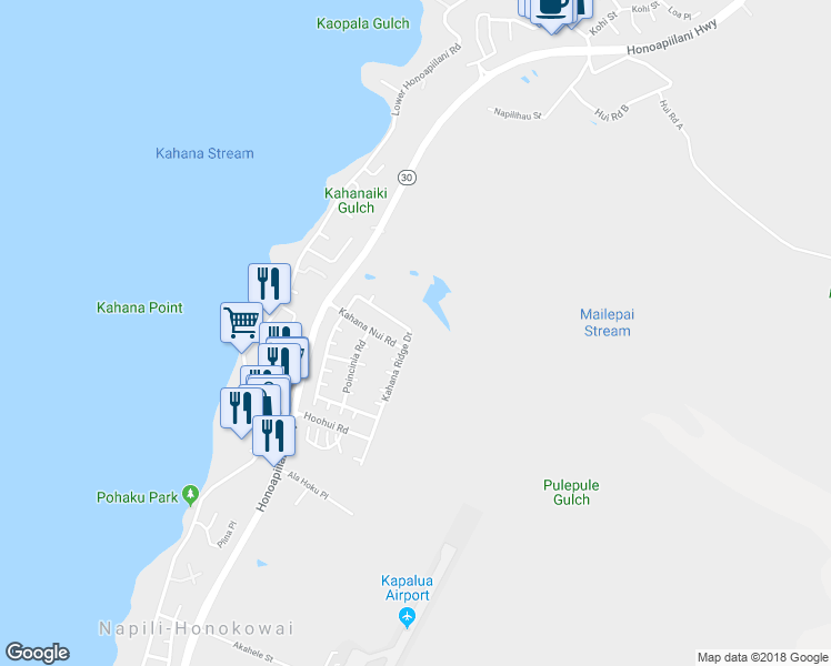 map of restaurants, bars, coffee shops, grocery stores, and more near 160 Kahana Ridge Drive in Lahaina