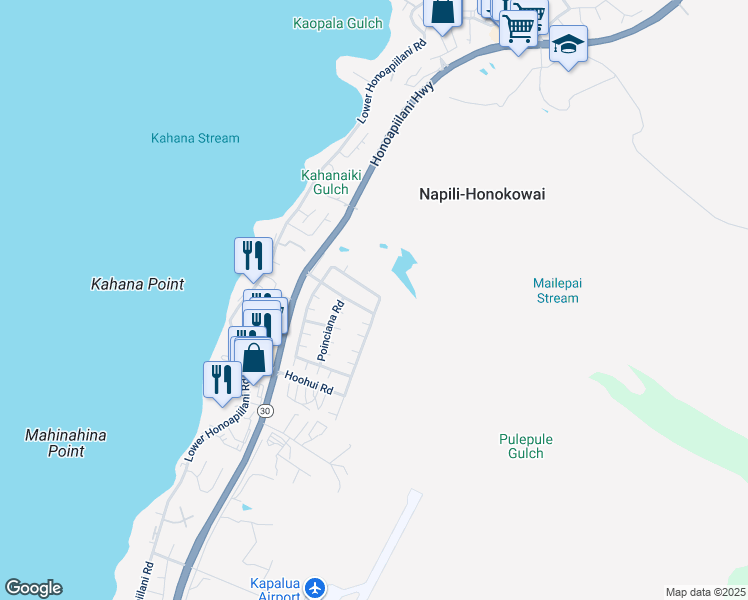 map of restaurants, bars, coffee shops, grocery stores, and more near 177 Kahana Ridge Drive in Lahaina