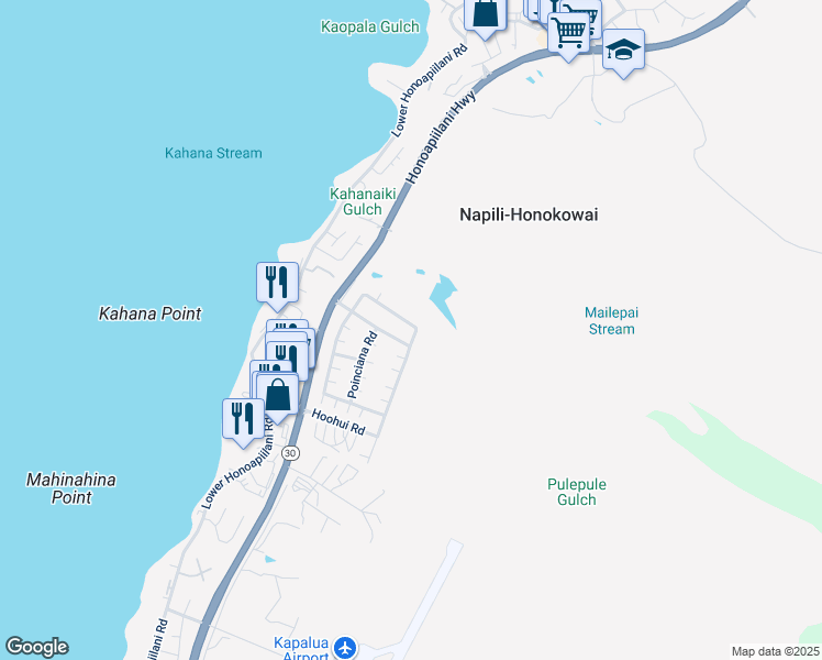 map of restaurants, bars, coffee shops, grocery stores, and more near 171 Kahana Ridge Drive in Lahaina