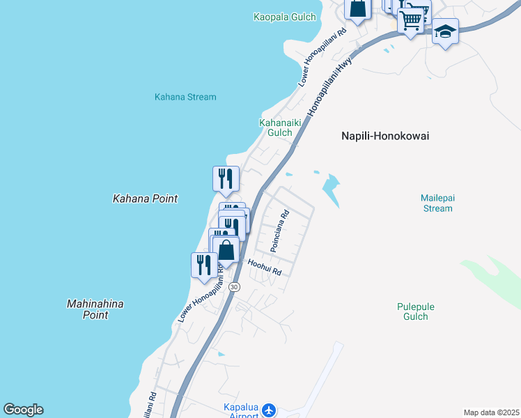map of restaurants, bars, coffee shops, grocery stores, and more near 302 Kahana Ridge Drive in Lahaina