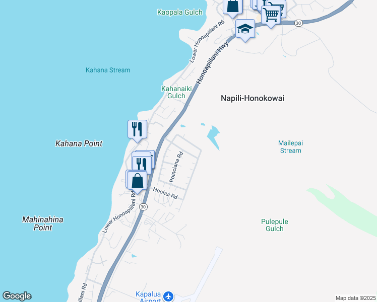 map of restaurants, bars, coffee shops, grocery stores, and more near 117 Kahana Nui Road in Lahaina