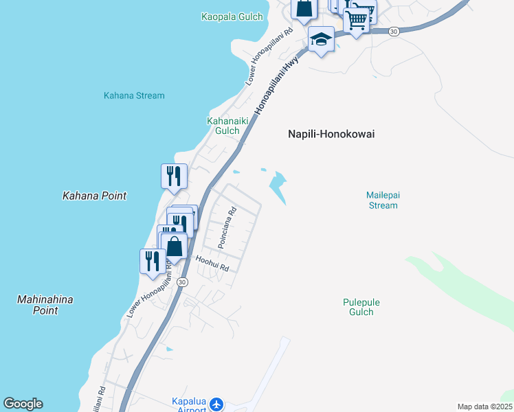 map of restaurants, bars, coffee shops, grocery stores, and more near 123 Kahana Nui Road in Lahaina