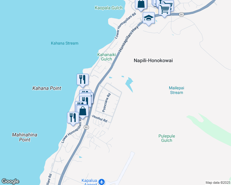 map of restaurants, bars, coffee shops, grocery stores, and more near 129 Kahana Nui Road in Lahaina