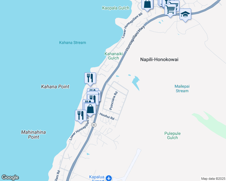 map of restaurants, bars, coffee shops, grocery stores, and more near 84 Kahana Nui Road in Lahaina