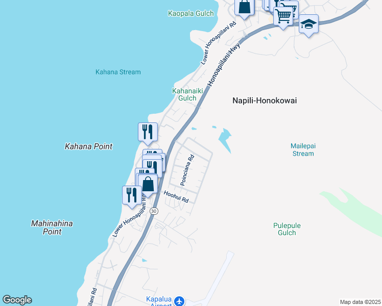 map of restaurants, bars, coffee shops, grocery stores, and more near 84 Kahana Nui Road in Lahaina