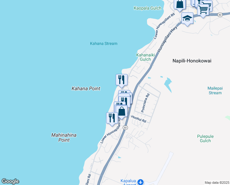 map of restaurants, bars, coffee shops, grocery stores, and more near 4471 Lower Honoapiilani Road in Lahaina