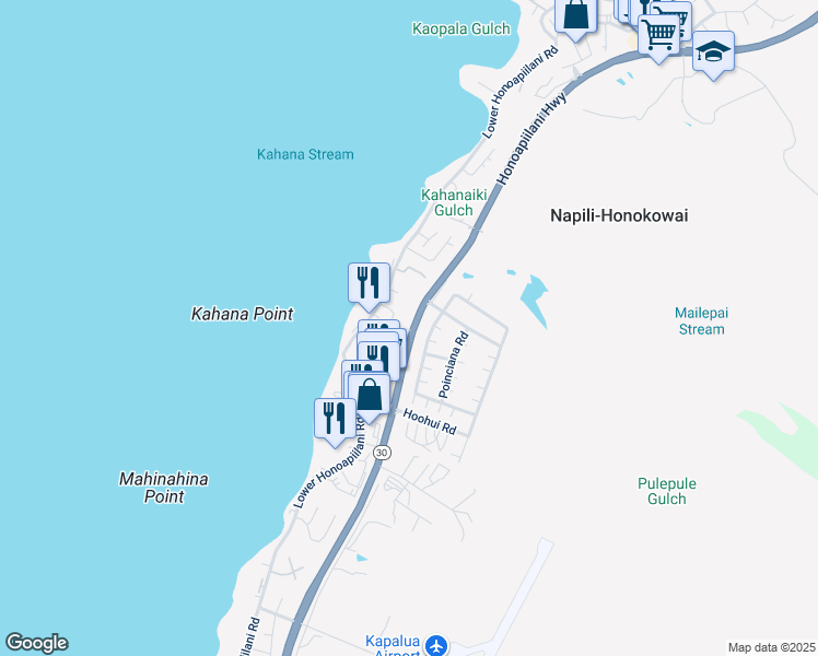 map of restaurants, bars, coffee shops, grocery stores, and more near 4471 Lower Honoapiilani Road in Lahaina