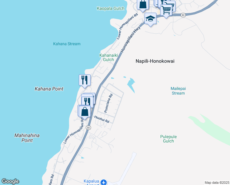 map of restaurants, bars, coffee shops, grocery stores, and more near 117 Kahana Nui Road in Lahaina