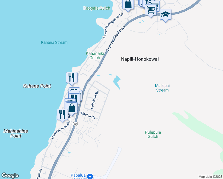 map of restaurants, bars, coffee shops, grocery stores, and more near 160 Kahana Ridge Drive in Lahaina