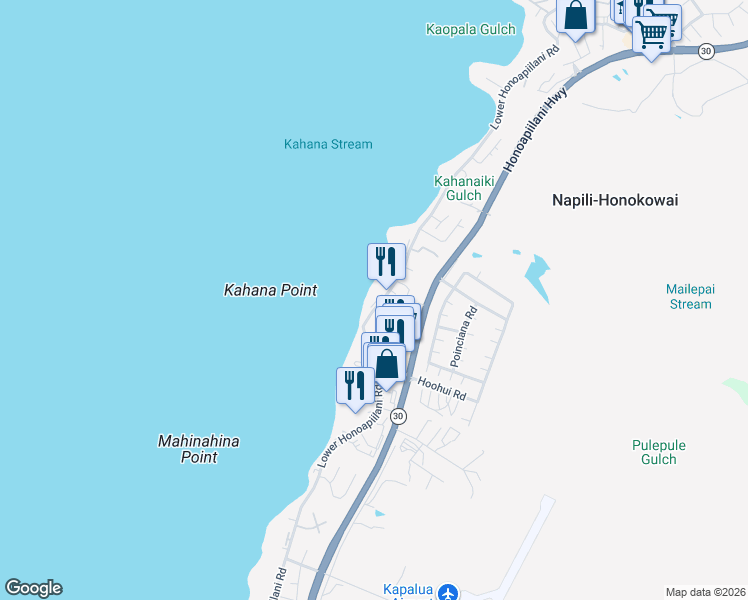 map of restaurants, bars, coffee shops, grocery stores, and more near 4474 Lower Honoapiilani Road in Lahaina