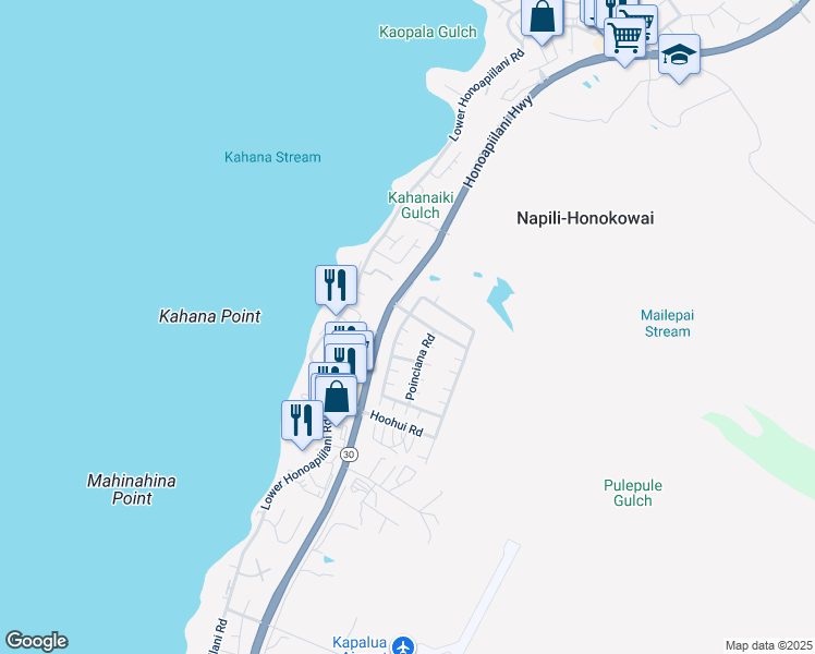 map of restaurants, bars, coffee shops, grocery stores, and more near 84 Kahana Nui Road in Lahaina
