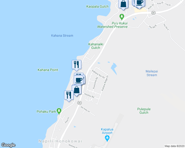 map of restaurants, bars, coffee shops, grocery stores, and more near 275 Kahana Ridge Drive in Lahaina